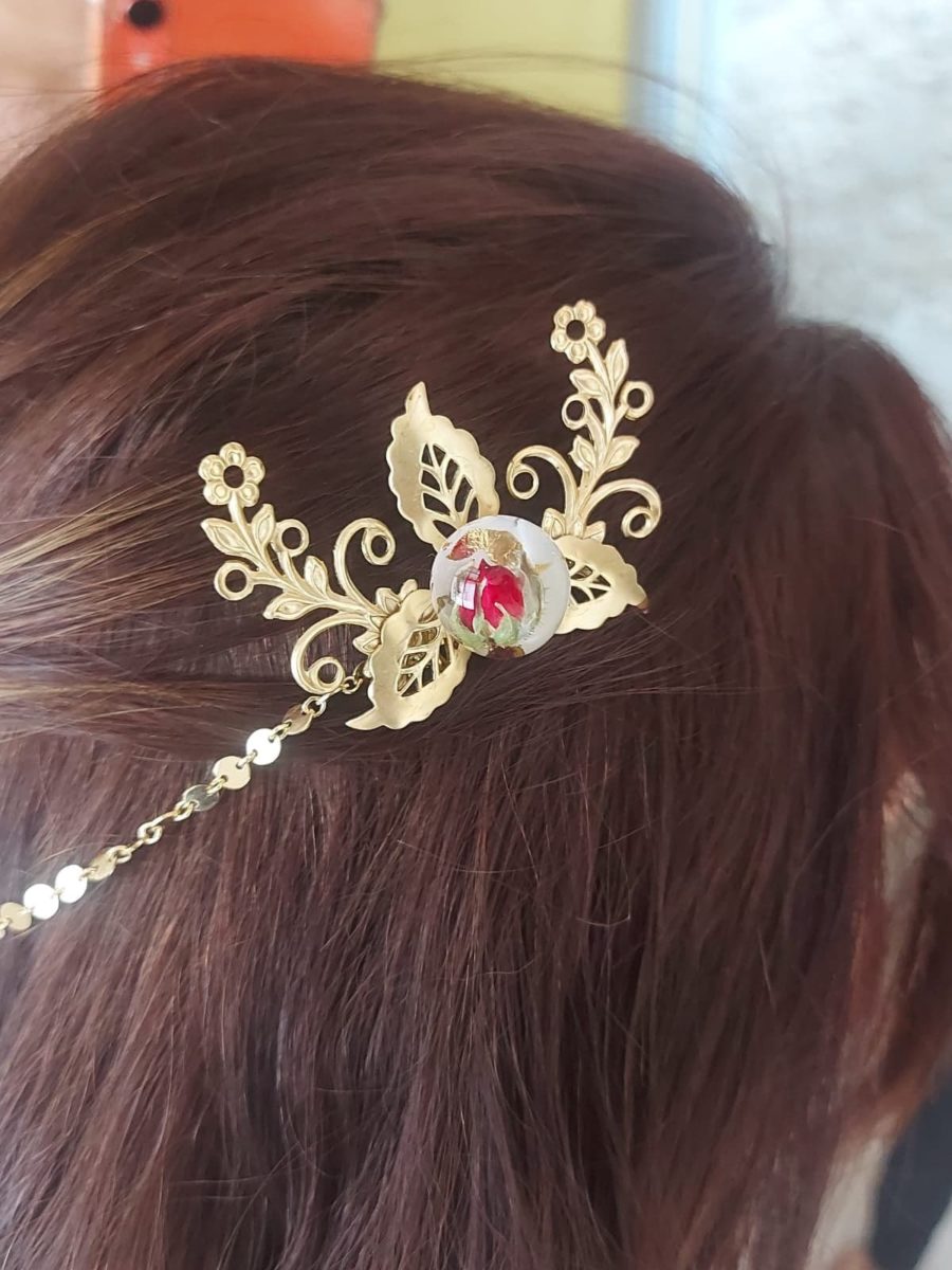 peigne or rempli rose rouge mariage résine bijoux cheveux accessoire