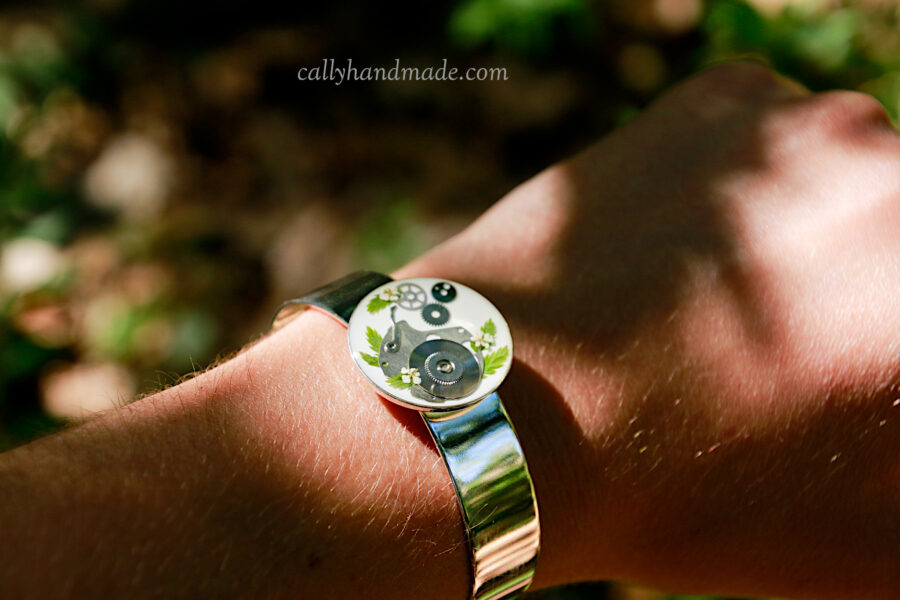 bracelet urbex argent 925 rouages horlogerie nature fougère reine Anne fait main artisanat français